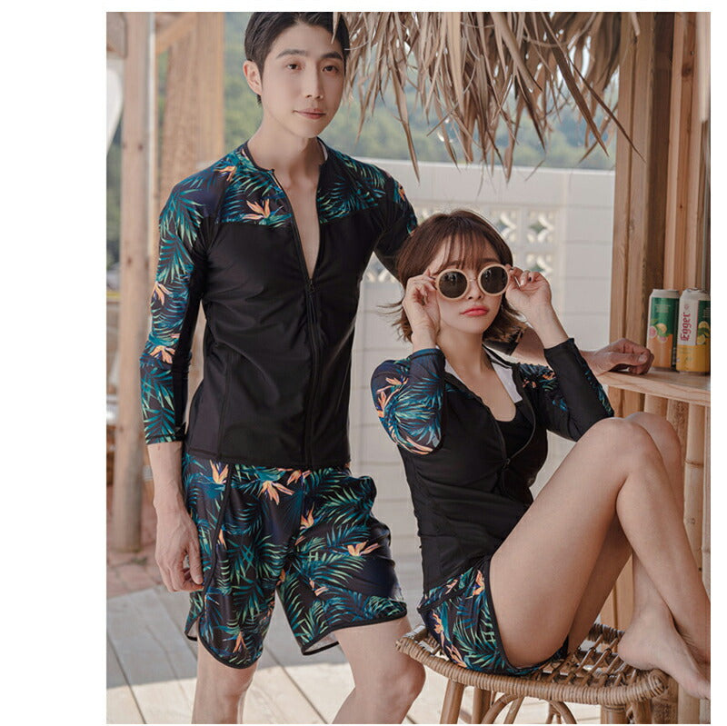 ペアルック メンズ トランクス 水着 レディース カップルお揃い ビーチ水着/S/M/L ビーチパンツ ラッシュガード付き ブラック トレーニング フィットネス swimsuit-053