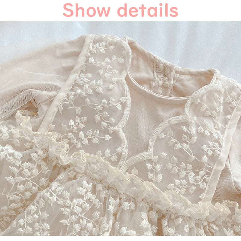 【★大好評】ベビードレス 長袖 セレモニードレス 女の子 ワンピース 結婚式 赤ちゃん 子供服 ロンパース レース ベージュ ふわふわ ベビー服 春 秋 sgato-001-cp