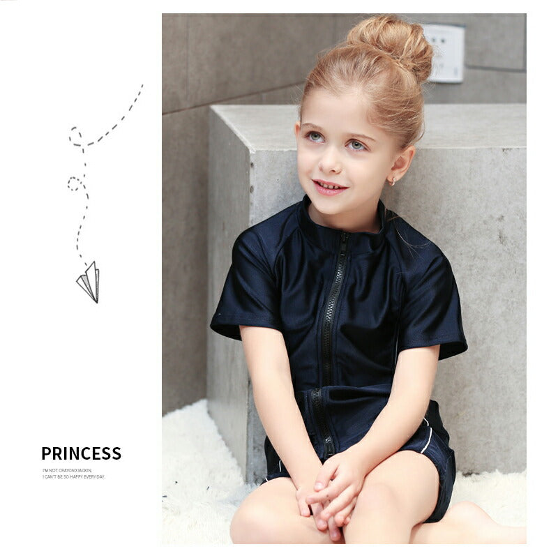 子ども 水着 女児 半袖 前ジッパー セパレート スクール水着 ガールズ 女子 上下別 ハーフパンツ フィットネス 女の子 水着 ジュニア 1 swimsuit-040