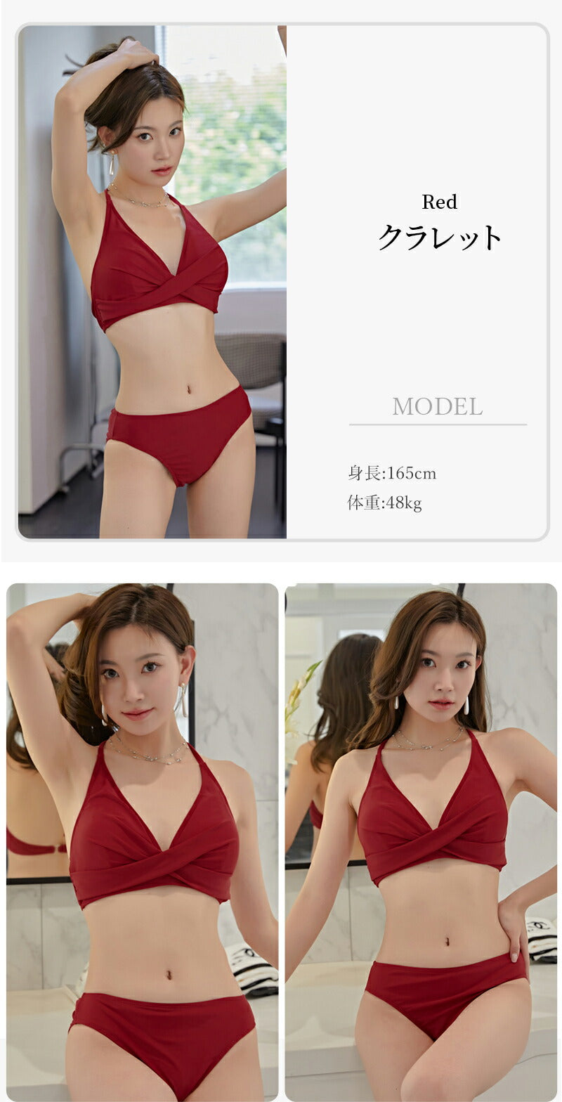 水着 レディース ビキニ シンプル 盛れる セクシー 黒 おしゃれ 中学生 可愛い 高校 短パン 無地 体型カバー 人気 ホルターネック ぽっちゃり 小胸 カバ swimsuit-027