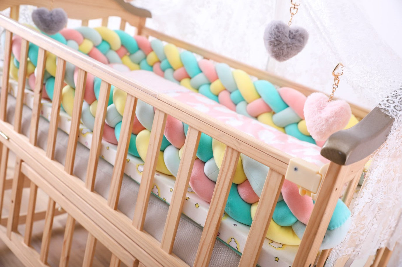 寝返り防止クッション4本 4Mソフトノットピロー編み ベッドガード ノットクッション ベビー ベッドガード ベッドサイド サイドガード ベッドバンパー 赤ちゃん copysku-65