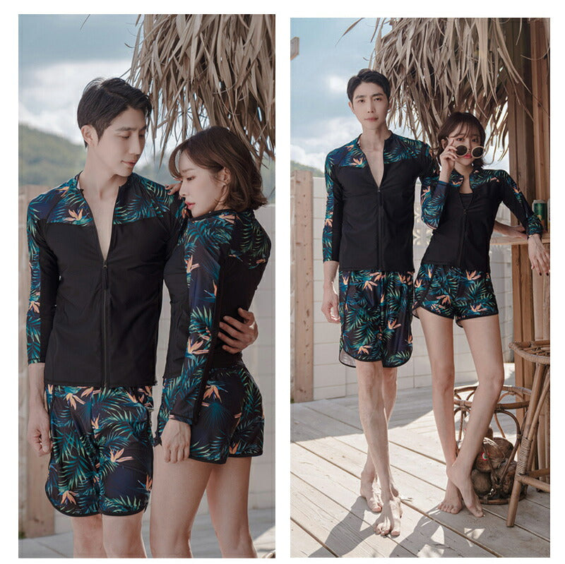 ペアルック メンズ トランクス 水着 レディース カップルお揃い ビーチ水着/S/M/L ビーチパンツ ラッシュガード付き ブラック トレーニング フィットネス swimsuit-053