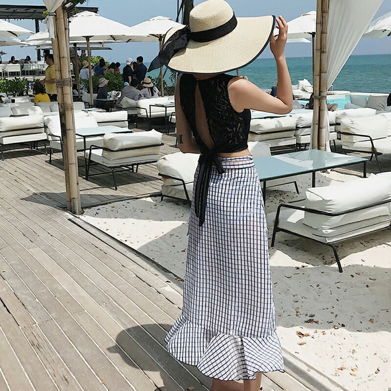 水着 レディース 体型カバー セパレート ハイネック ビキニ パレオ付き 3点セット タンキニ 小胸 盛れる チェック柄 20代 30代 40代 おしゃれ 無地 swimsuit-028