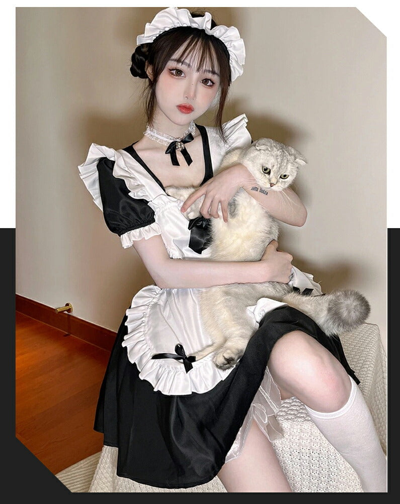 メイド服 コスプレ フリル ネコ耳 かわいい セクシー ゆめかわ 大人 レディース バレンタイン エプロン カチューシャ 半袖 スカート ワンピース 赤 ブラッ maid-002