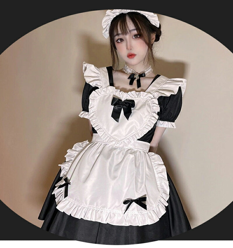 メイド服 コスプレ フリル ネコ耳 かわいい セクシー ゆめかわ 大人 レディース バレンタイン エプロン カチューシャ 半袖 スカート ワンピース 赤 ブラッ maid-002