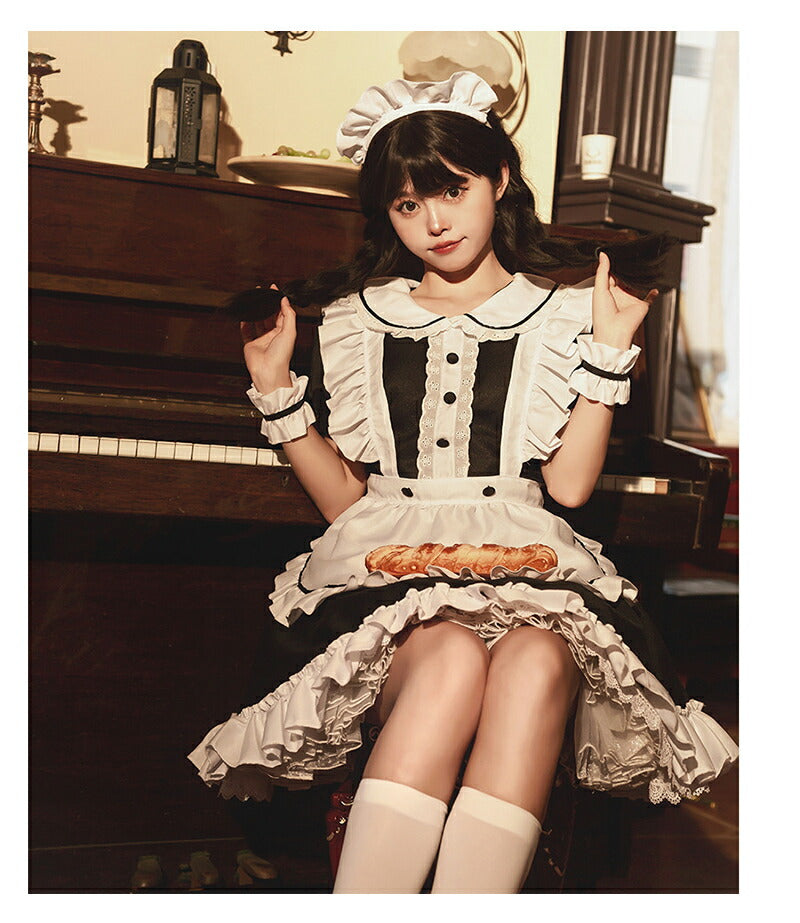 メイド服 コスプレ フリル ネコ耳 かわいい セクシー ゆめかわ 大人 レディース バレンタイン エプロン カチューシャ 半袖 スカート ワンピース 赤 ブラッ maid-004