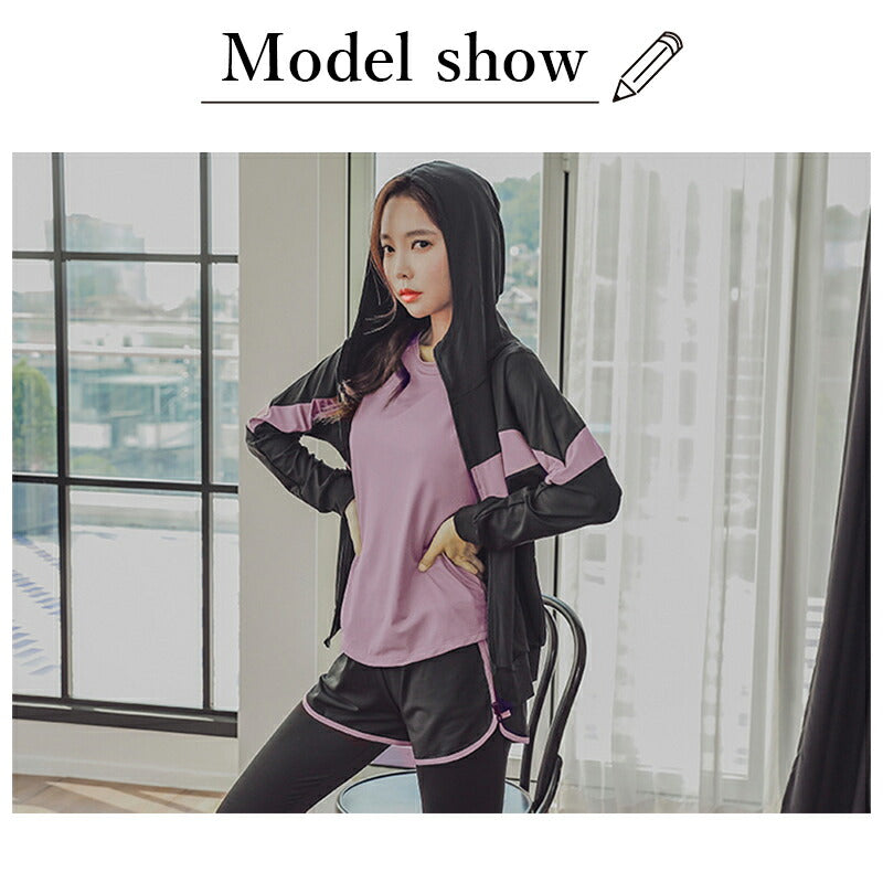 フィットネスウェア レディース ジムウェア 体型カバー 5点セット 大きいサイズ ママ水着 ぽっちゃり ラッシュガード 体型カバー水着 水陸両用 40代/30代 swimsuit-032-hd