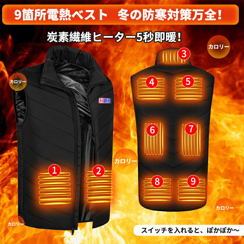 電熱ベスト ヒーターベスト  防寒着 速暖 日本製ヒーター 中綿 USB給電 洗える 三段階調温 軽量  メンズ レーディス 電熱ウェア 20000mAh バッ besuto-04pawa