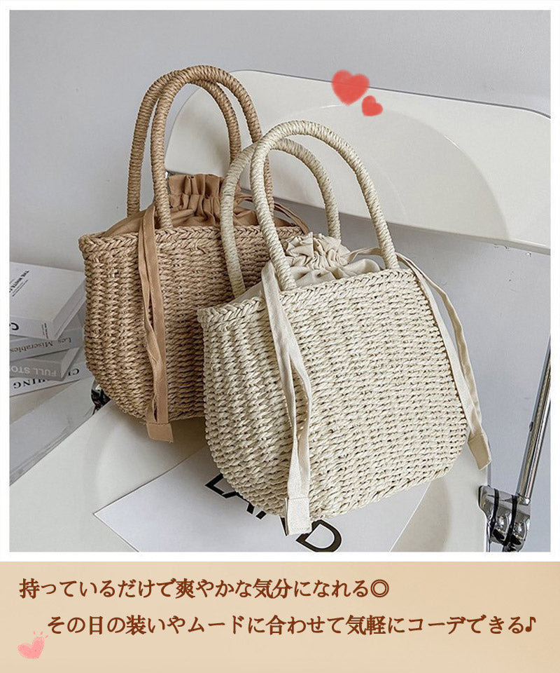 かごバッグ レディース カゴバックハンドバッグ かご編みバッグ ハンドバッグ 可愛い お花見 手提げ ペーパーストローバッグ 巾着付き バスケット型 ナチュラルstb-001