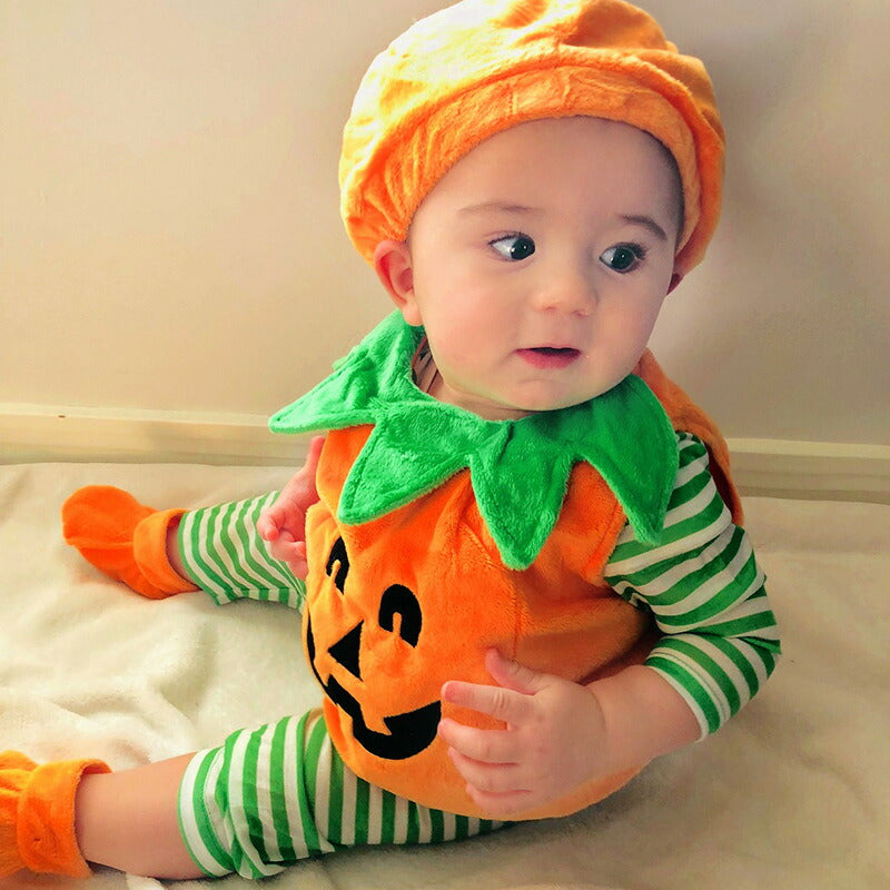 ロンパース ベビー  かぼちゃ カボチャ３点セット 男の子 女の子 ハロウィン  仮装 コスチューム ベビーコスチューム 秋 冬 80 90 100 110 ベngyset-001