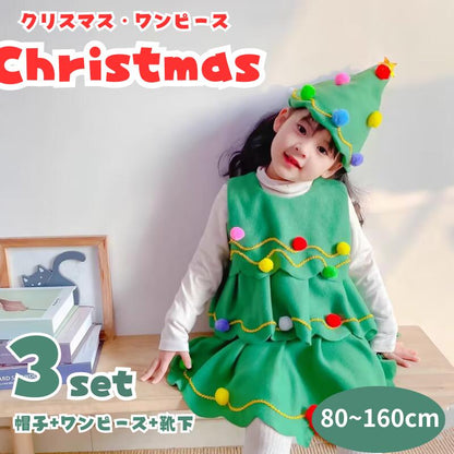 クリスマス コスプレ ベビー キッズ サンタクロース サンタ 子供 衣装 コスチューム ツリーワンピース 衣装 子供 子ども サンタ服 女の子 3点セット 長袖 kidsanta-005