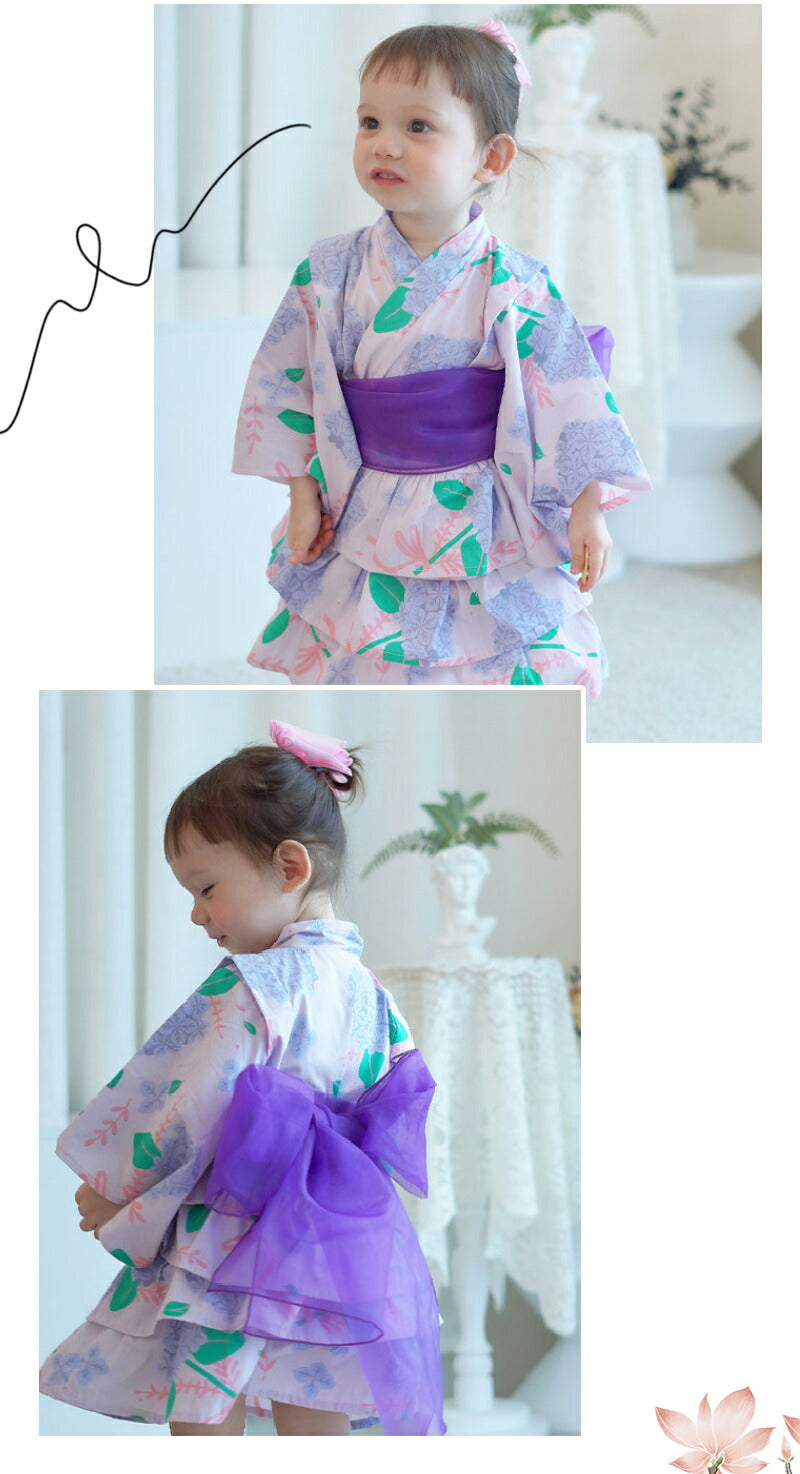 浴衣 子供 和服 ワンピース 女の子 夏祭り ゆかた ガールズ 着物 浴衣ドレス 夏 兵児帯 花柄 蝶結び 2点セット 帯セット ワンピース 花火大会 お盆休みyukata-003