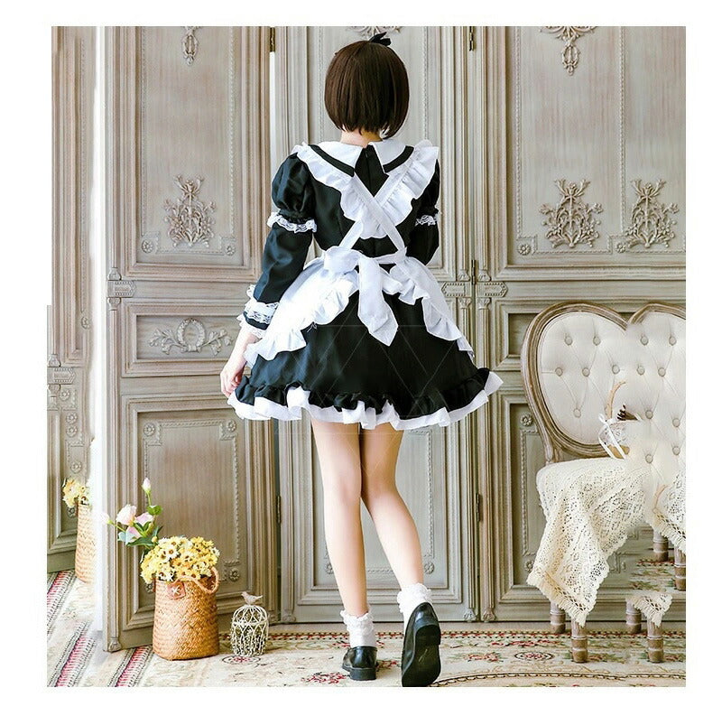 メイド服 コスプレ長袖 可愛い フリル セクシー ハロウィン ロリータ 大人 レディース エプロン カチューシャ スカート ワンピース ピンク 文化祭 リボン  maid-003