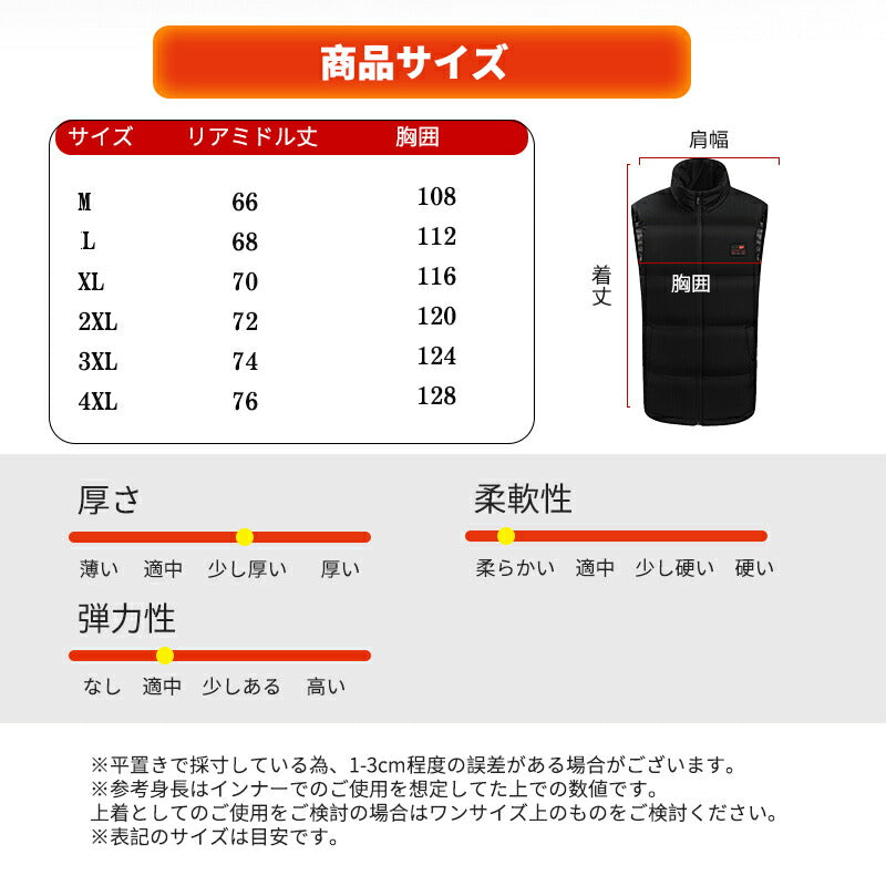 電熱ベスト  防寒着 速暖 日本製ヒーター 中綿 USB給電 洗える 三段階調温 軽量 冷え性 メンズ レーディス PSE認証済 15エリア発熱 新生活 電熱ウbesuto-18