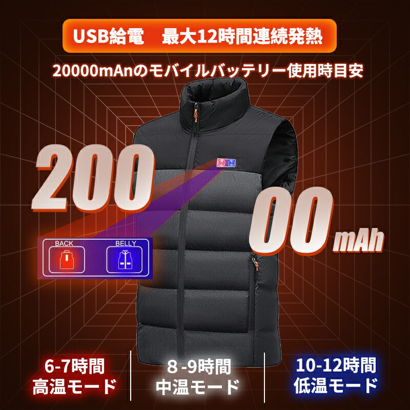 【送料無料~】電熱ベスト  防寒着 速暖 日本製ヒーター 中綿 USB給電 バッテリー付き 25000mAh 洗える 三段階調温 軽量 冷え性 メンズ レーディ copysku-139