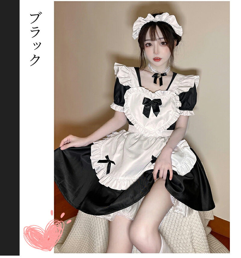 一部即納 メイド服 コスプレ 猫 ネコ耳  かわいい フリル セクシー 赤 ブラック ゆめかわ 大人 レディース バレンタイン エプロン カチューシャ 半袖 ス maid-002