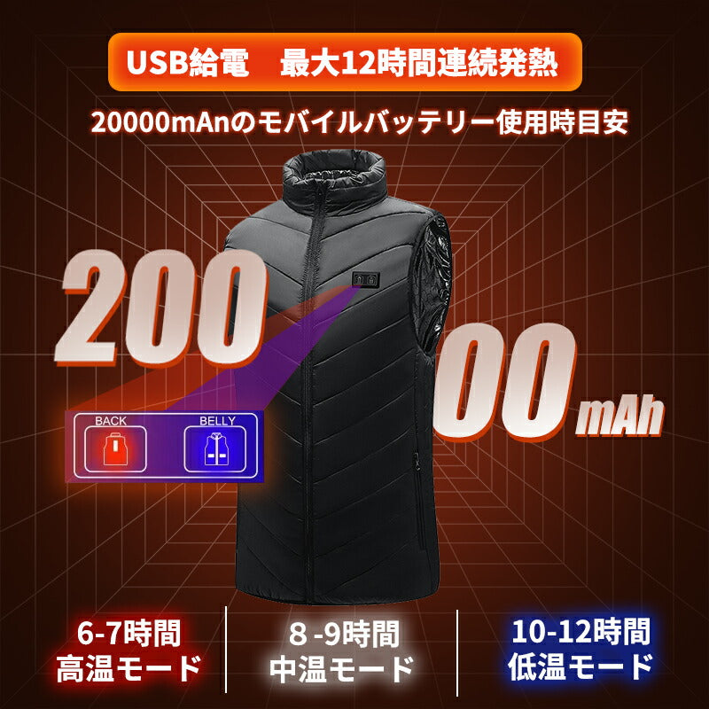 電熱ベスト  防寒着 速暖 日本製ヒーター 中綿 USB給電 洗える 三段階調温 軽量 冷え性 メンズ レーディス 20000mAh バッテリー付き 15エリア besuto-09pawa
