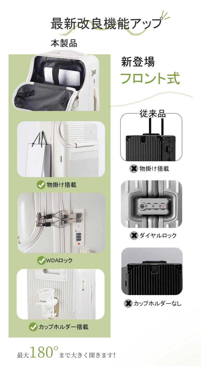 スーツケース フロントオープン 機内持ち込み Mサイズ ドリンクホルダー キャリーケース 軽量 トップオープン 前開き キャリーバッグ ビジネス 出張 旅行 メsuitcase-017-m