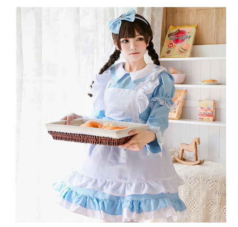 メイド服 コスプレ長袖 可愛い フリル セクシー ハロウィン ロリータ 大人 レディース エプロン カチューシャ スカート ワンピース ピンク 文化祭 リボン  maid-003