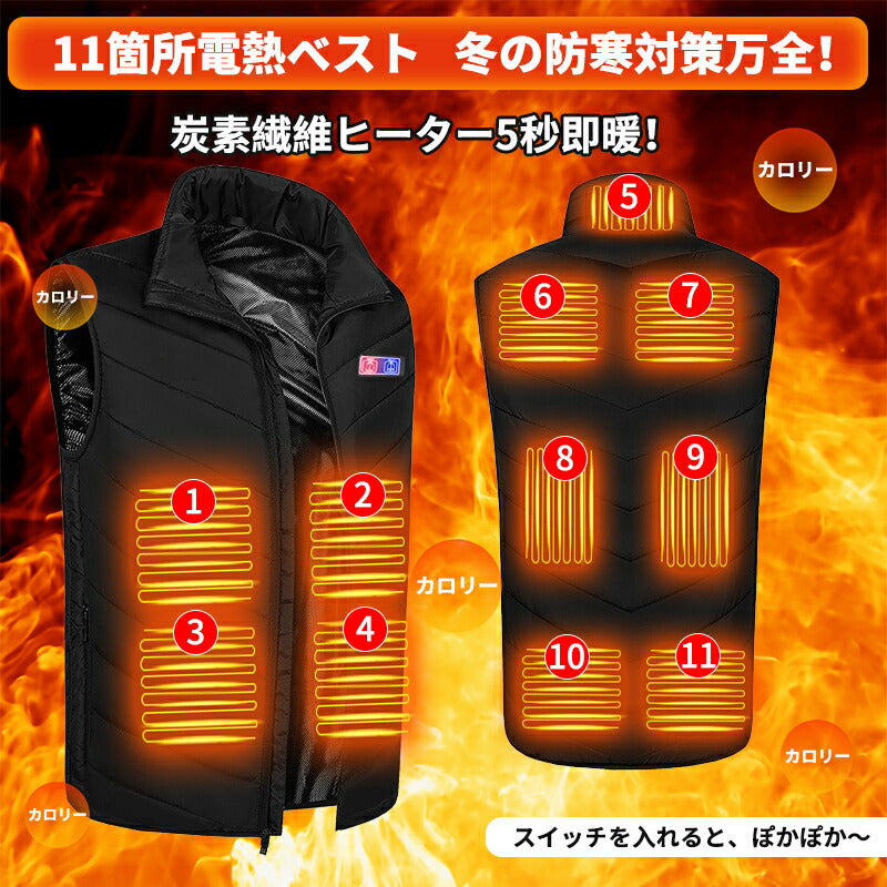 電熱ベスト 三段階調節 ヒーターベスト 11エリア加熱  20000mAh バッテリー付き　加熱ベスト 前後独立 防寒 USB給電 薄型 レーディス 男女兼用  besuto-010pawa