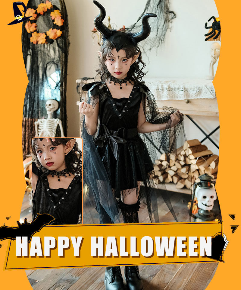 ハロウィン コスプレ 魔女 悪魔　ゴスロリ ハロウィン 仮装 小悪魔 コスチューム キッズ ゾンビ デビル ガール 魔法使い 魔法子ども  ブラック コスプレ衣etwsj0014