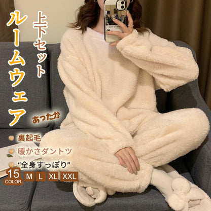 男女兼用超保温 ルームウェア もこもこ パジャマ 室内着 フリースセット 上下セット カップル用 着る毛布 裏起毛 フランネル 超保温ふんわり肌触りスウェットルitem-241248