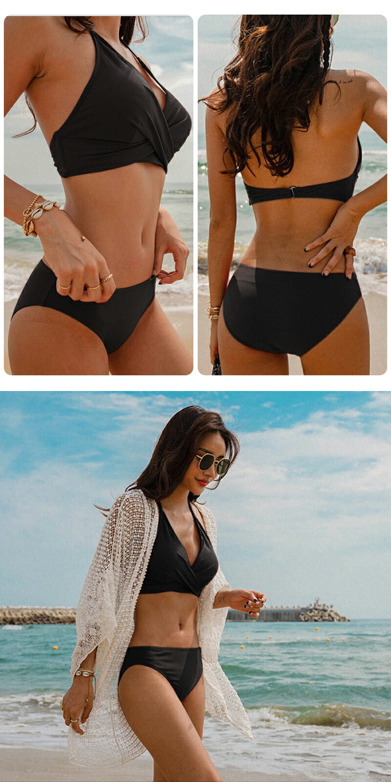 水着 レディース ビキニ シンプル 盛れる セクシー 黒 おしゃれ 中学生 可愛い 高校 短パン 無地 体型カバー 人気 ホルターネック ぽっちゃり 小胸 カバ swimsuit-027