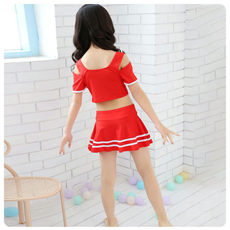 水着 キッズ 水着 女の子 フレアスカート スイムキャップ 3点セット オフショルダー風 リボン 裏地付き スター ライン ロゴ 着やすい 子供 ベビー ジュニswimsuit-035