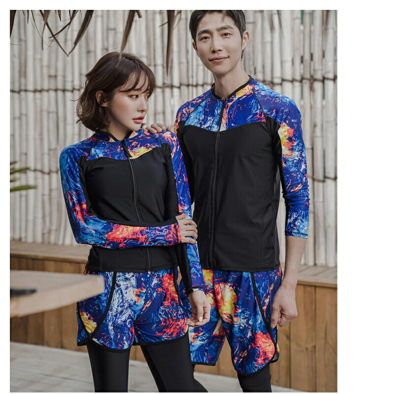 ペアルック メンズ トランクス 水着 レディース カップルお揃い ビーチ水着/S/M/L ビーチパンツ ラッシュガード付き ブラック トレーニング フィットネス swimsuit-053