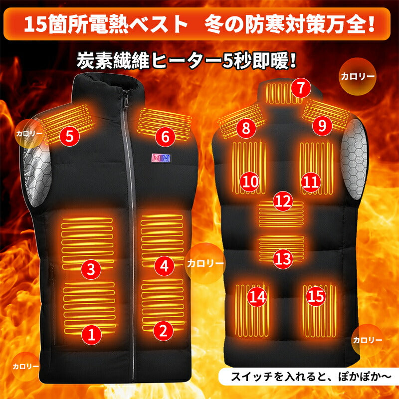 【送料無料~】電熱ベスト  防寒着 速暖 日本製ヒーター 中綿 USB給電 洗える 三段階調温 軽量 冷え性 バッテリー付き 20000mAh メンズ レーディ besuto-08pawa