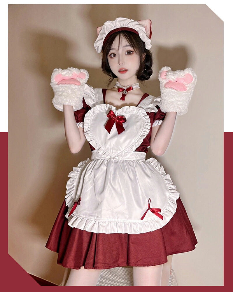 メイド服 コスプレ フリル ネコ耳 かわいい セクシー ゆめかわ 大人 レディース バレンタイン エプロン カチューシャ 半袖 スカート ワンピース 赤 ブラッ maid-002