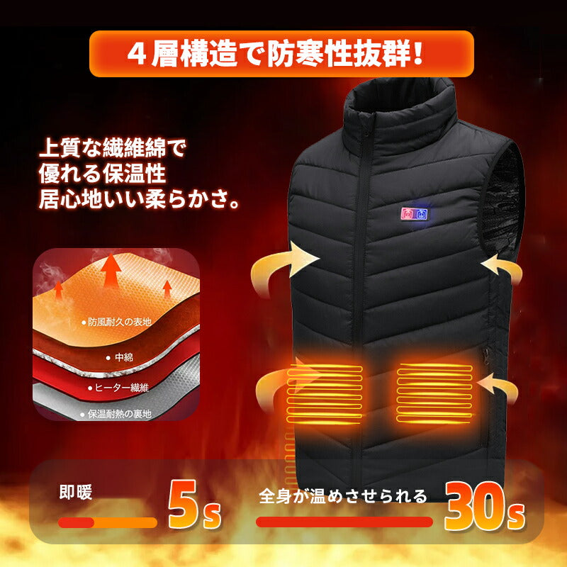 電熱ベスト  防寒着 速暖 日本製ヒーター 中綿 USB給電 洗える 三段階調温 軽量 冷え性 メンズ レーディス PSE認証済 9エリア発熱 新生活 電熱ウェ copysku-149