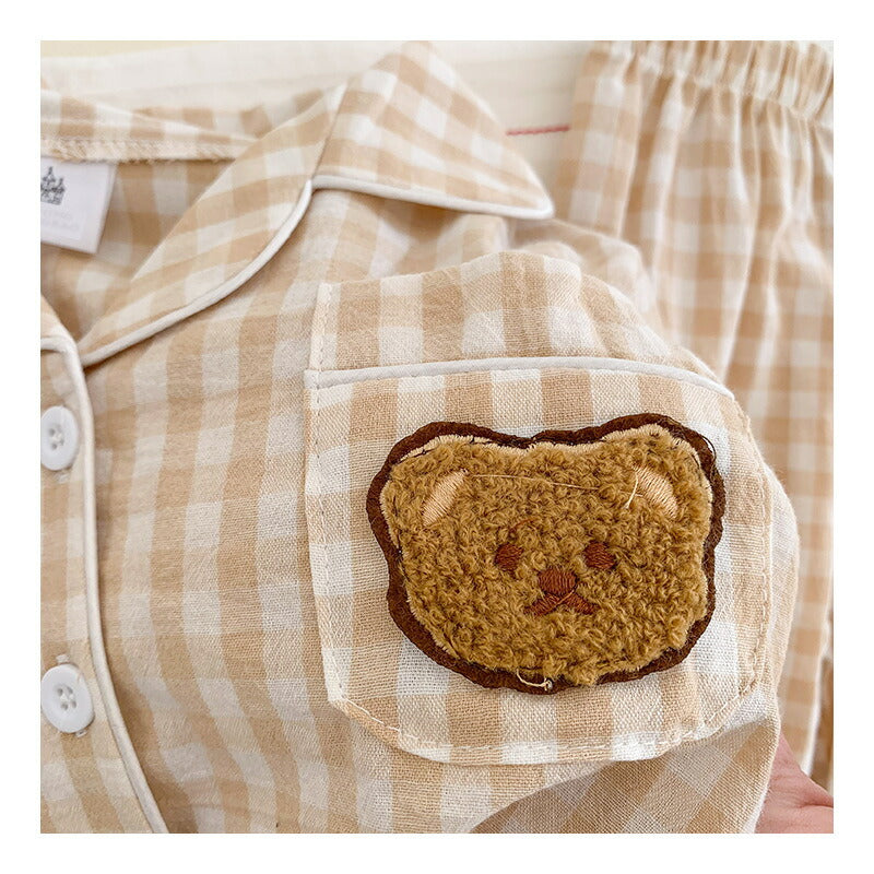 くま ベビー パジャマ 子供 長袖 上下セット 前開き ボタン 肌着 部屋着 ルームウェア ベージュ 女の子 男の子 長袖コットン 綿 クマ柄 プレゼント ギフkidpajamas-001