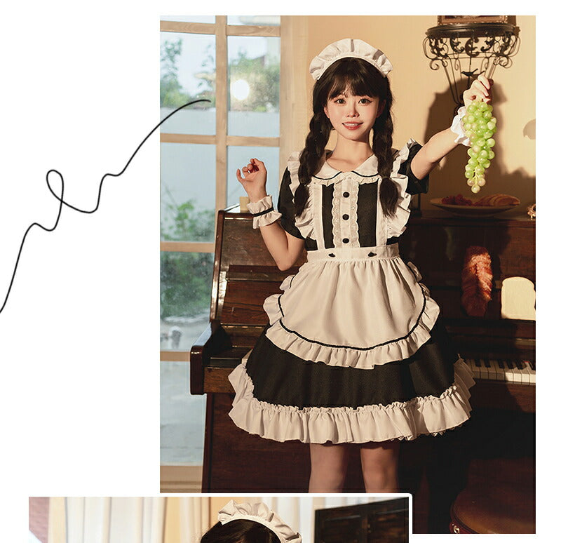【一部即納】メイド服 6点セット コスプレ 可愛い 女の子 レディース メンズ 半袖 ロリータ ワンピース 黒 ピンク ハロウィン 大きいサイズ 定番 S-2Xitem-007