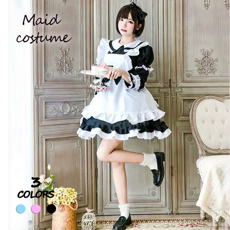 メイド服 コスプレ長袖 可愛い フリル セクシー ハロウィン ロリータ 大人 レディース エプロン カチューシャ スカート ワンピース ピンク 文化祭 リボン  maid-003