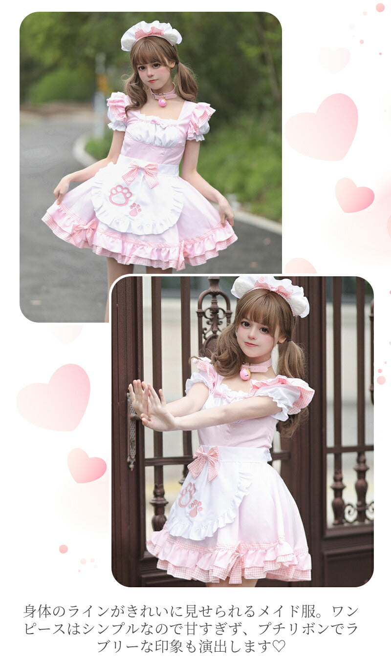 メイド服 ハロウィン コスプレ 長袖 メイド 可愛い 女の子 セクシー カップル ロリータ 定番 衣装 レディース エプロン ドレス アリス風仮装  肉球 リボmaid-009