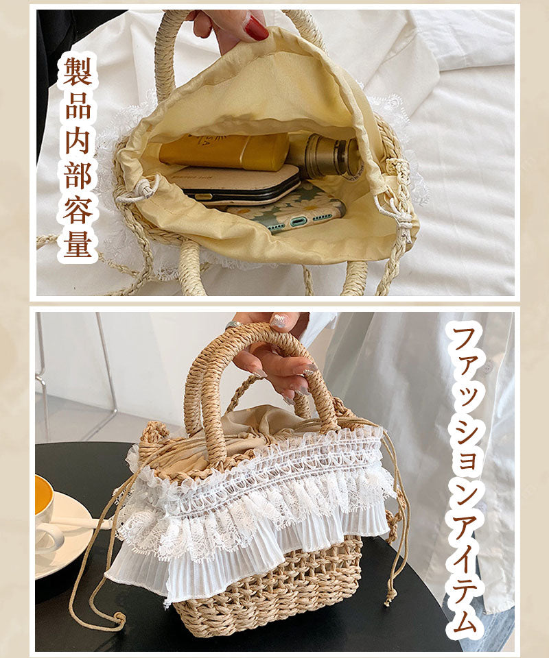 かごバッグ レディース カゴバックハンドバッグ かご編みバッグ ハンドバッグ 可愛い お花見 手提げ ペーパーストローバッグ 巾着付き バスケット型 ナチュラルstb-002