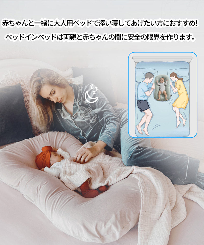 ベッドインベッド ベビーベッド 新生児用 0～12ヶ月 折りたたみ式  軽量 持ち運び便利 添い寝対応 クッション付き 吐き戻し防止 新生児 クーハン 洗濯可 bedinbed-001
