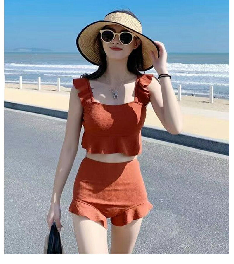【一部即納】水着 レディース 可愛い 体型カバー ビスチェ ハイウエスト フリル セパレート タンキニ 水着 韓国 露出控えめ パッド一体型 ビキニ ショートパswimsuit-062