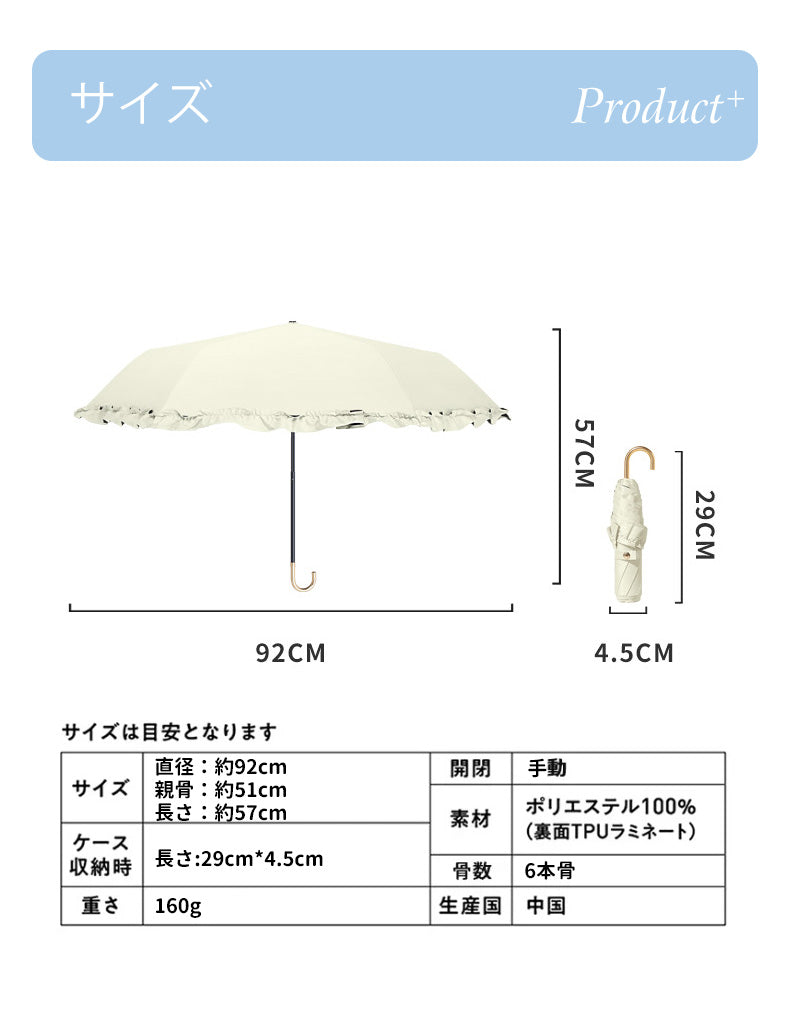 折りたたみ日傘 遮光クラシックフリル ミニ 完全遮光100% UVカット100％ 折りたたみ傘 折り畳み 晴雨兼用 レディース おしゃれ 遮熱 無地 かわいい kasa-3009