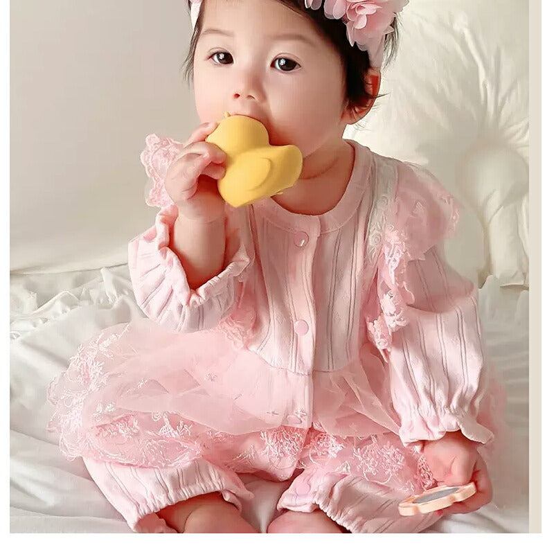 ベビー服 ヘアバンド付き フォーマル 女の子 プリンセス カバーオール ロンパース かわいい レース 赤ちゃん ロンパース 長袖 新生児 セレモニードレス 女のfuku-007