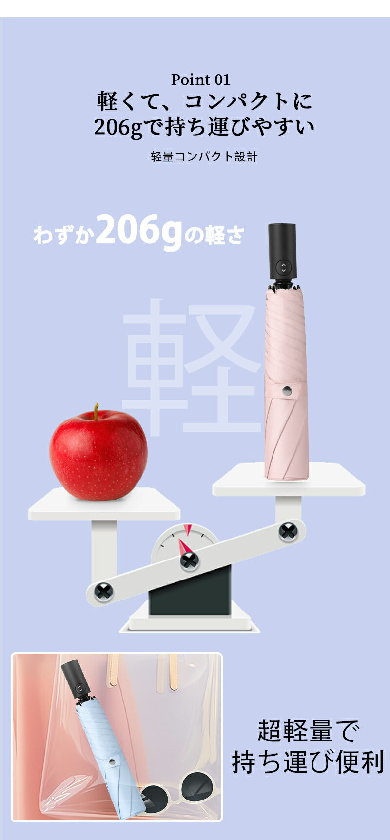 【逆戻り防止機能付】 日傘 完全遮光 自動開閉 折りたたみ わずか206g UPF50+ 直径91/99cm 軽量 遮光率100% 晴雨兼用 6本骨 UVカットkasa-3013