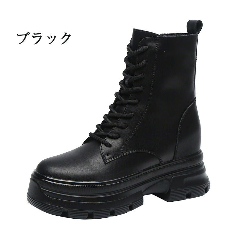 【クーポン利用で5280円★20日終了！】厚底ブーツ ショートブーツ 厚底 レディース ブーツ 白 編み上げブーツ ラウンドトゥ ブーティ 美脚 フラット 歩きshoe-003
