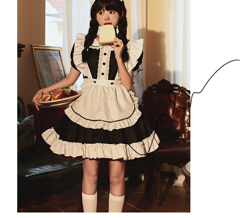 【一部即納】メイド服 6点セット コスプレ 可愛い 女の子 レディース メンズ 半袖 ロリータ ワンピース 黒 ピンク ハロウィン 大きいサイズ 定番 S-2Xitem-007