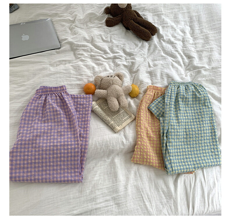 ギンガムチェック ルームウェア レディース 部屋着 パジャマ ショートパンツ ゆったり リラックス 可愛い 春 夏 秋 薄手 綿 ボトムス 寝巻き ポケット ウ pajama-001