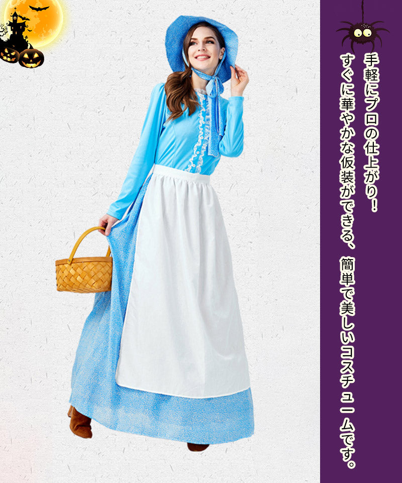 ハロウィン コスプレ アリス コスチューム 衣装 水色 エプロンドレス レディース お姫様 服 コスプレ 仮装  フリーサイズ　リボン カチューシャ ワンピースwsf014