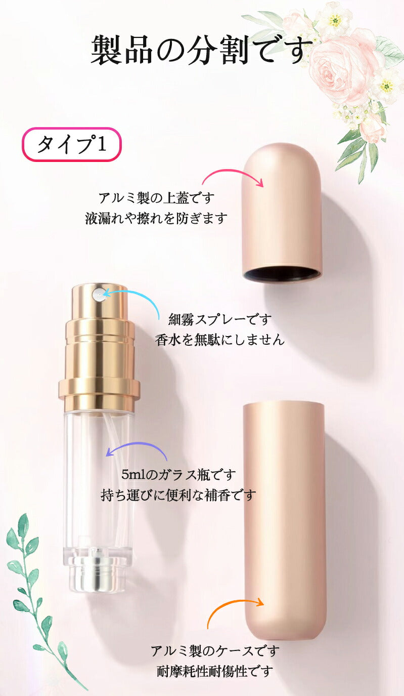 アトマイザー 香水詰め替えボトル 5ml 携帯用 コンパクト おしゃれ かわいい 旅行用 スタイリッシュ 高級感 マット仕上げ 霧噴射 簡単使用 メンズ レディbottle-001
