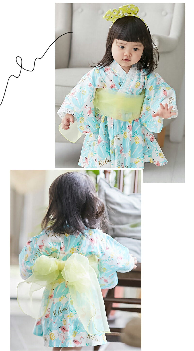 浴衣 子供 和服 ワンピース 女の子 夏祭り ゆかた ガールズ  着物 浴衣ドレス 夏 兵児帯 花柄 蝶結び 2点セット 帯セット ワンピース 花火大会 お盆休yukata-001