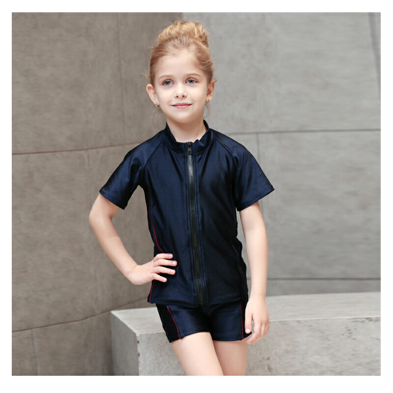 子ども 水着 女児 半袖 前ジッパー セパレート スクール水着 ガールズ 女子 上下別 ハーフパンツ フィットネス 女の子 水着 ジュニア 1 swimsuit-040