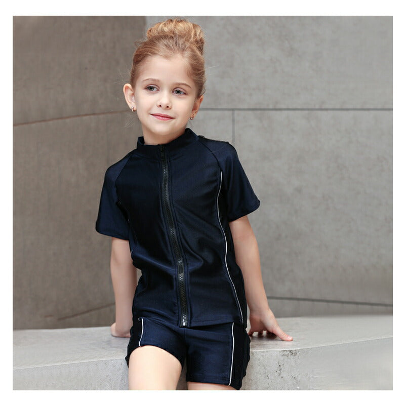 子ども 水着 女児 半袖 前ジッパー セパレート スクール水着 ガールズ 女子 上下別 ハーフパンツ フィットネス 女の子 水着 ジュニア 1 swimsuit-040